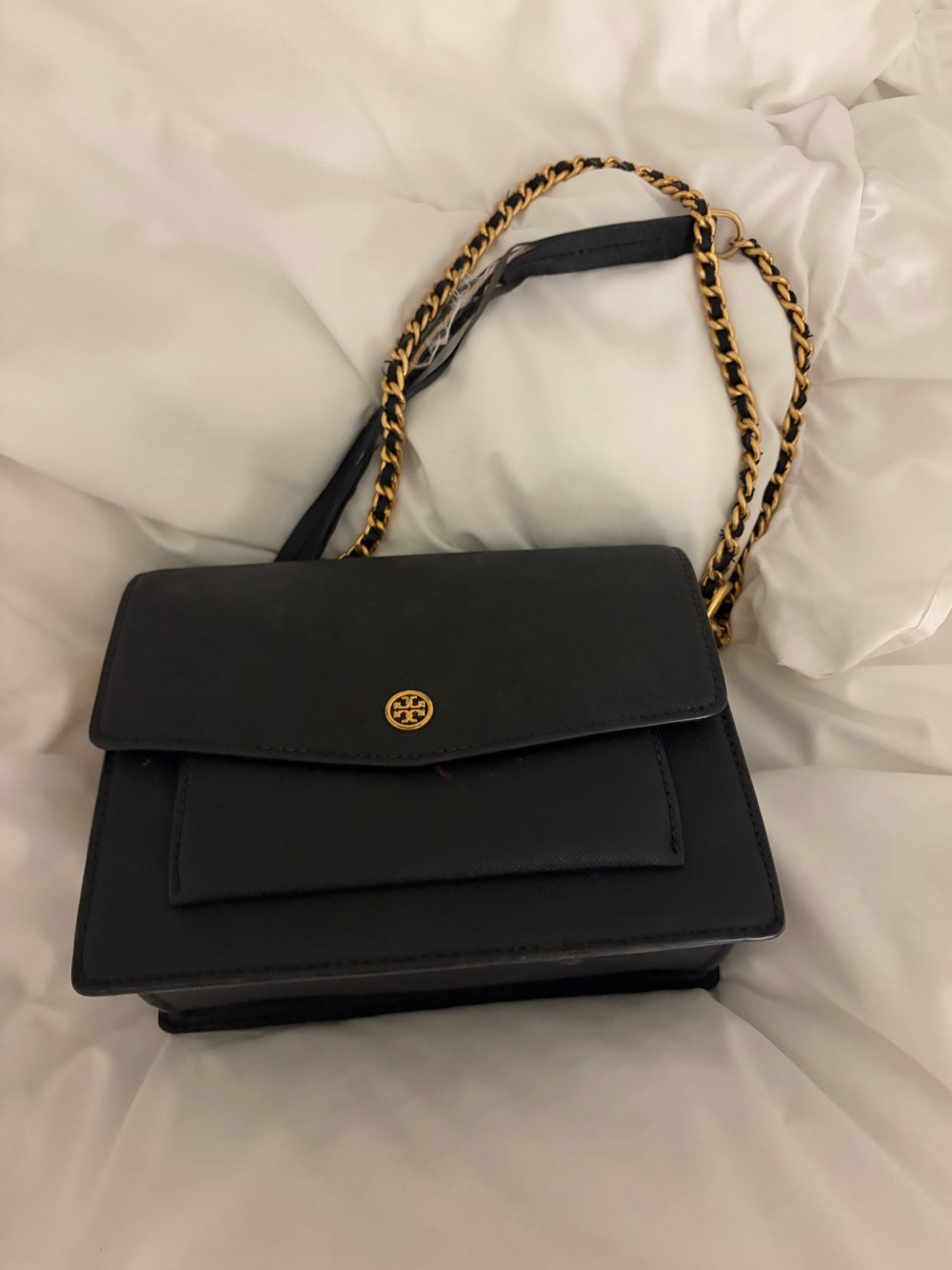 Tory Burch Black Leather Shoulder Bag with Gold Chain Strap